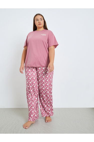 Plus Size Pink Moon Print T-Shirt and Pyjama Set