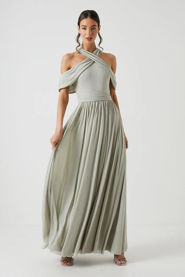 Shop Cross Neck Cold Shoulder Stretch Mesh Bridesmaids Dress Online in Oman