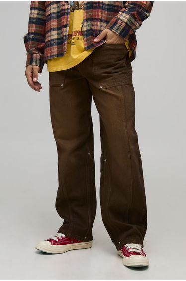Relaxed Fit Panelled Embossed Washed Jeans - brown
