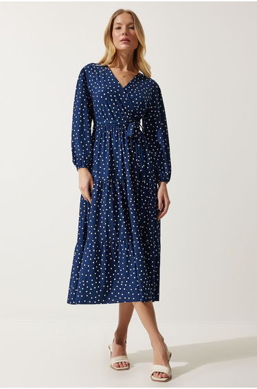 Women's Navy Blue Wrapover Neck Polka Dot Knitted Dress