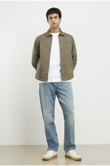 Khaki Regular Fit Curved Hem Zip Overshirt