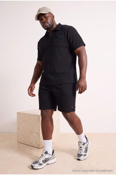 Black Regular Fit Textured Polo Neck T-Shirt-Shorts Plus Size Tracksuit Set