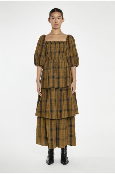 Olive-Check Tiered Maxi-Dress