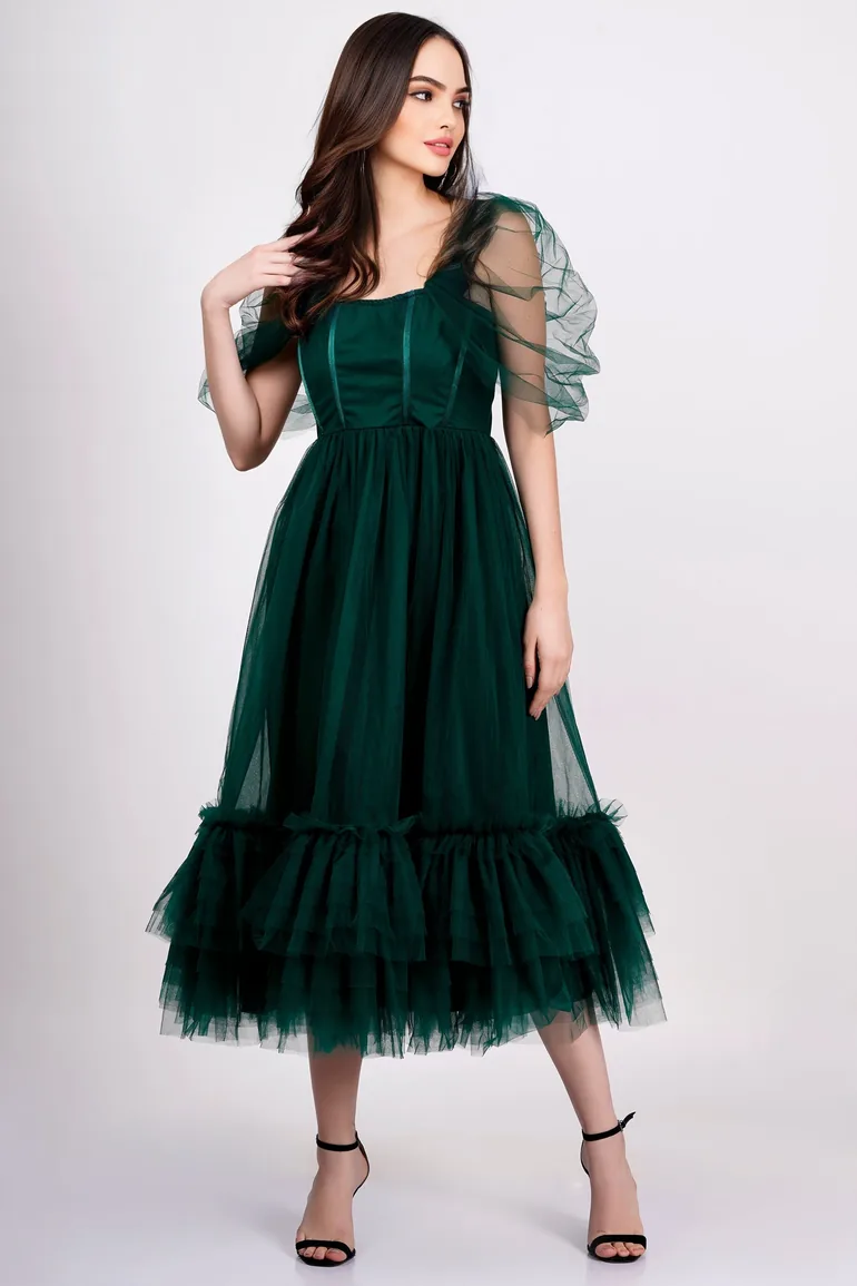 Shop Jayne Emerald Green Tulle Midaxi Dress Online in Oman