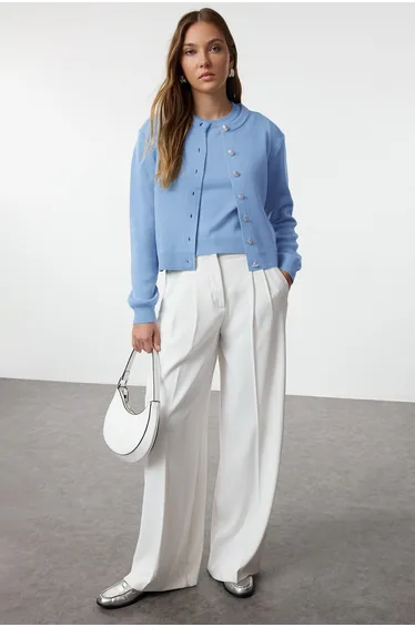 Blue Basic Cardigan-Blouse Knitwear Cardigan