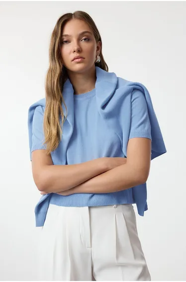 Blue Basic Cardigan-Blouse Knitwear Cardigan