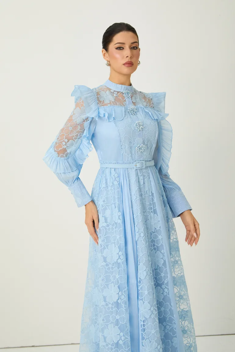 Dreamy Occasions Blue Floral Embroidered Ruffle Sleeve Maxi Dress - 5