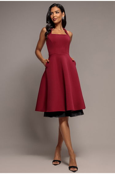 Contrast Organza Frill Bow Back Halter Midi Dress - Burgundy Black by Goddiva
