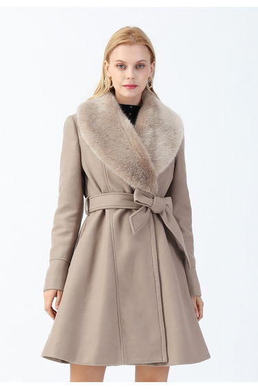 Faux Fur Collar Belted Flare Coat in Taupe