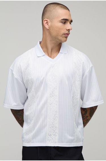 Oversized Boxy Stripe with Lace Panel Football Top - white