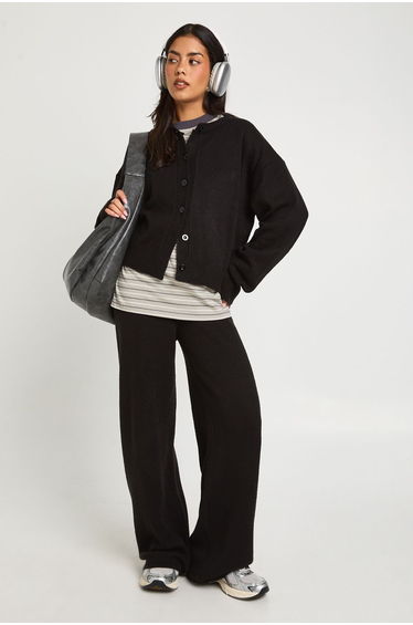 Crew Neck Knitted Boxy Cardigan and Wide Leg Trouser Co-Ord - black