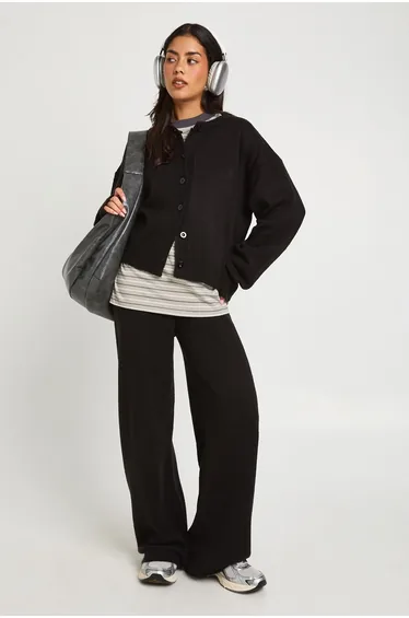 Crew Neck Knitted Boxy Cardigan and Wide Leg Trouser Co-Ord - black