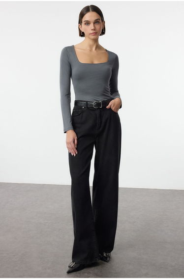 Anthracite Square Neck Snap-Front Premium Knitted Bodysuit