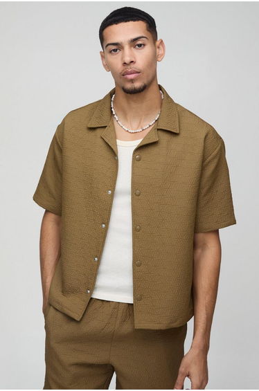 Oversized Boxy Abstract Padded Revere Shirt - khaki