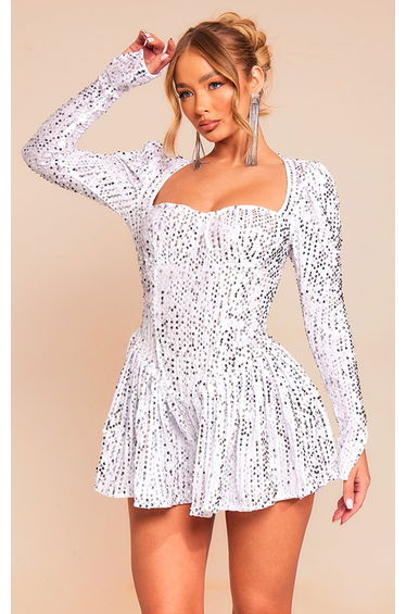 White Sequin Cup Detail Long Sleeve Skater Playsuit