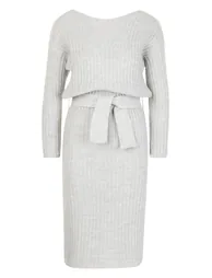 Rib Knit Tie Waist Midaxi Dress - silver - 2