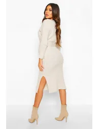 Rib Knit Tie Waist Midaxi Dress - silver - 1