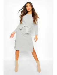 Rib Knit Tie Waist Midaxi Dress - silver