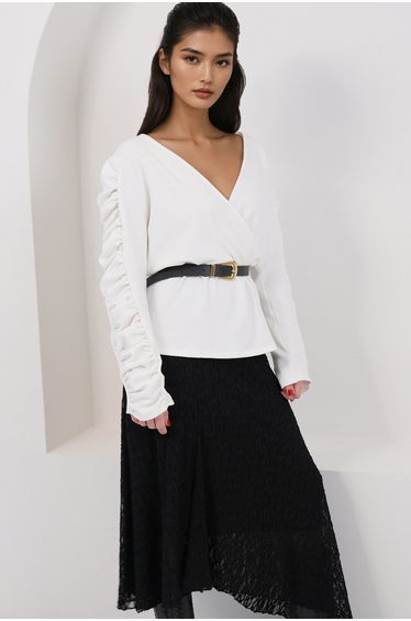 Women's White Double-Breasted Collar Sleeves Ruched Detail Design Blouse