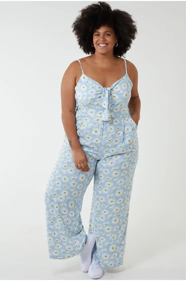 Curve Daisy Print Tie Front Jumpsuit
