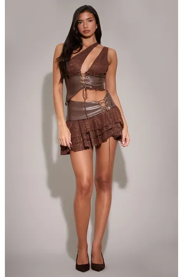 Dark Brown Faux Leather Lace Trim Mini Skirt