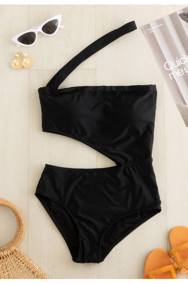 One-Shoulder Cutout One-Piece Swimsuit in Black