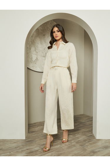 Mid Rise Wide Leg Jacquard Pattern Belted Pants