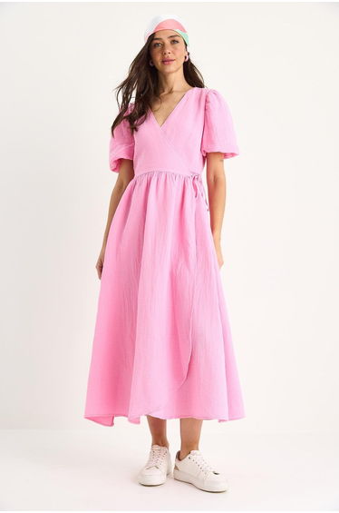 Women's Wrap-Around Balloon Sleeve Long Muslin Dress 3034 60283364 - Candy Pink