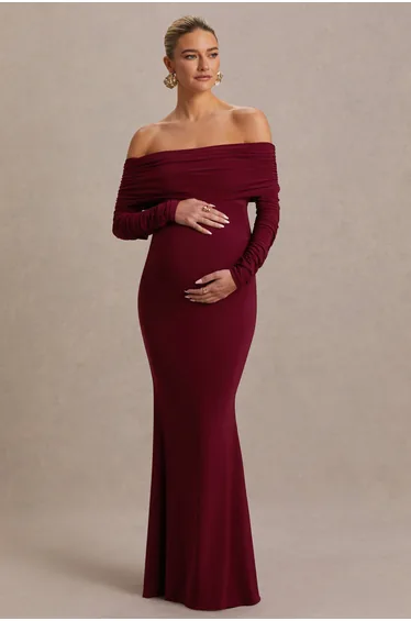 Odessa | Berry Bardot-Neck Maternity Maxi Dress