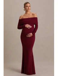 Odessa | Berry Bardot-Neck Maternity Maxi Dress