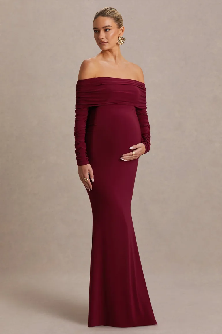 Odessa | Berry Bardot-Neck Maternity Maxi Dress - 4