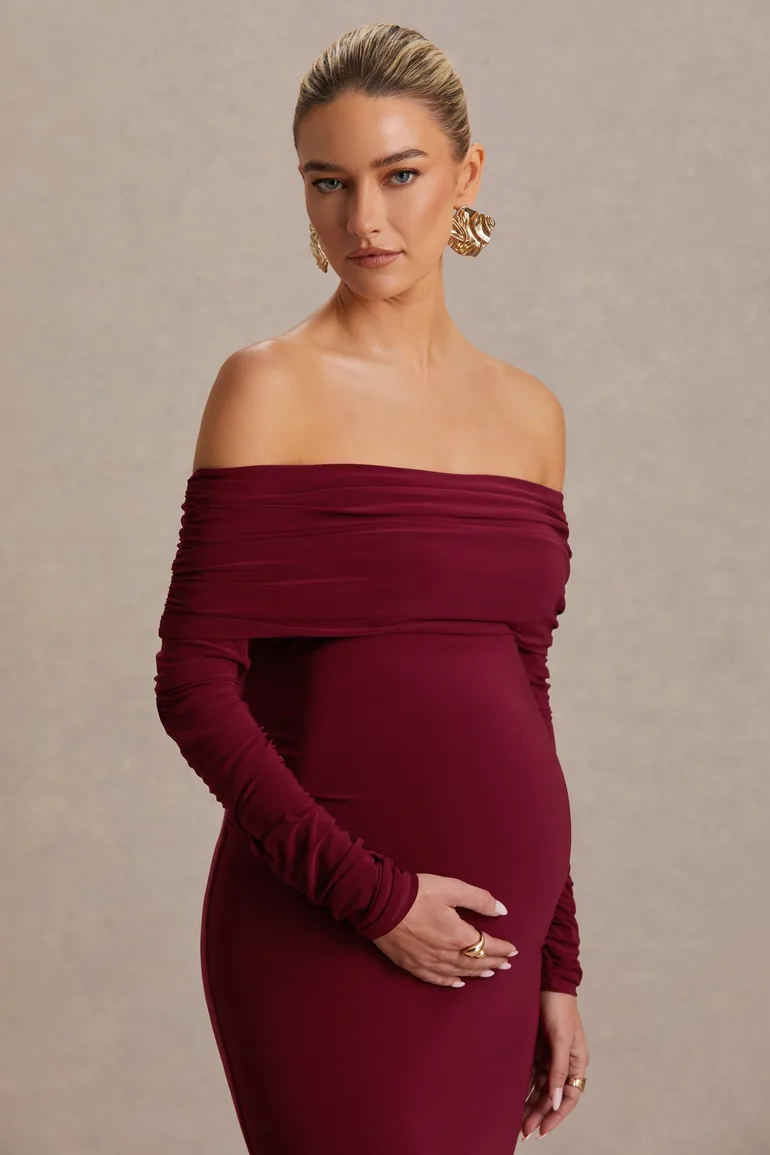 Odessa | Berry Bardot-Neck Maternity Maxi Dress - 5