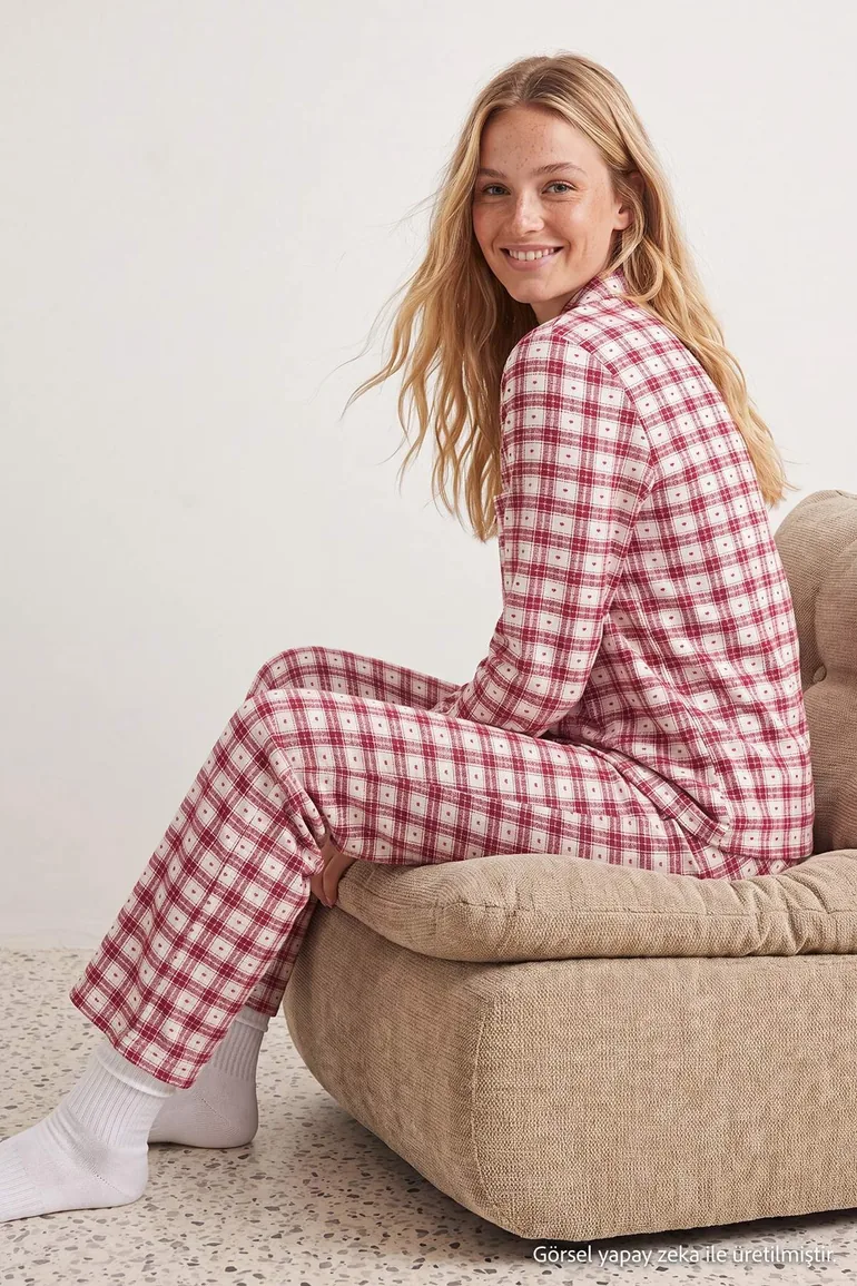 Burgundy-Multicolor Cotton Soft-Touch Lycra Plaid and Heart Knitted Pajamas Set - 3