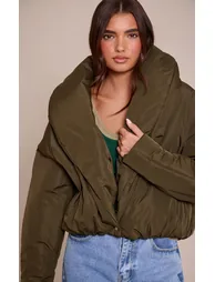 Khaki Exaggerated Collar Shell Puffer Jacket - 5