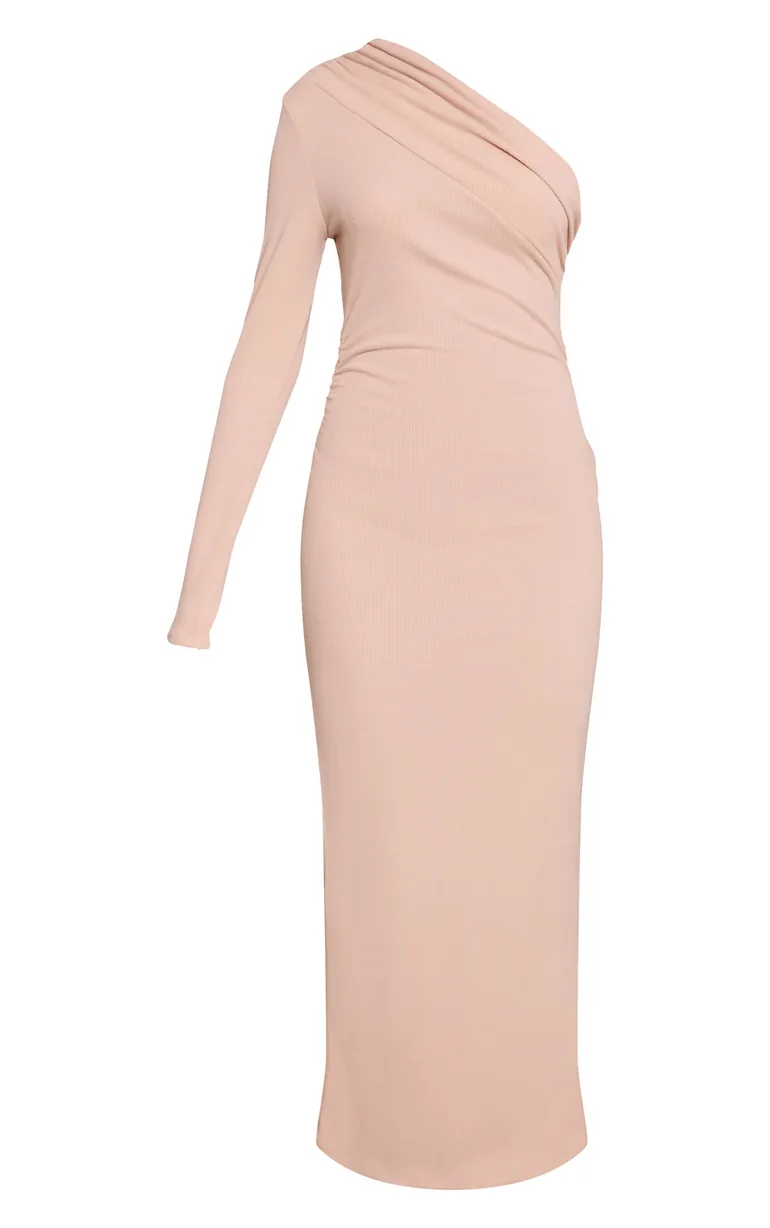 Stone Brushed Rib One Shoulder Asymmetric Ruched Maxi Dress - 4