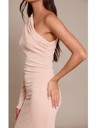 Stone Brushed Rib One Shoulder Asymmetric Ruched Maxi Dress - 3