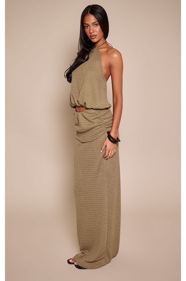 Tall Khaki Textured Ruched Waist Maxi Skirt