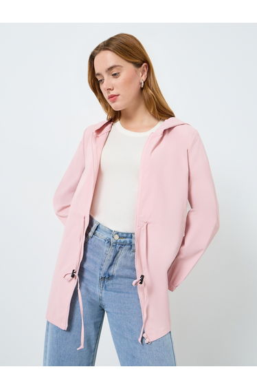 Women Solid Zip Up Drawstring Waist Hooded Jacket