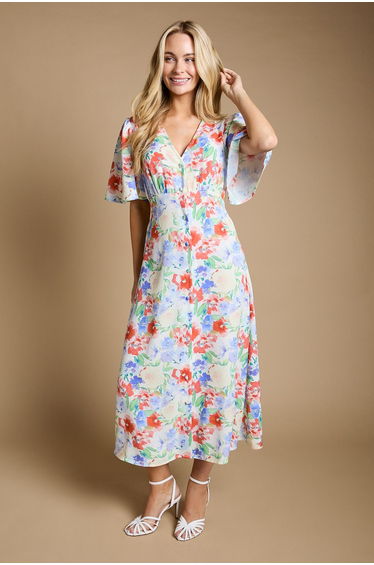 Floral Button Front Angel Sleeve Tie Back Midi Dress