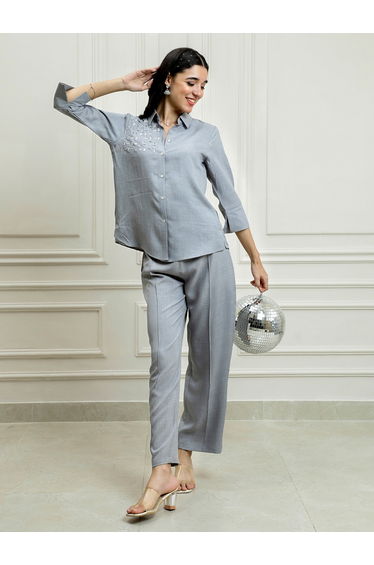 Grey Embellished Top with Trousers Co-Ords