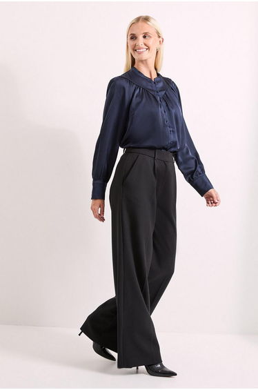 Navy Hammered Satin Piped Detail Batwing Shirt