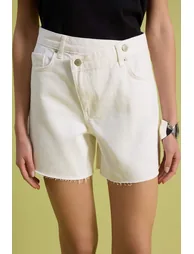 White Asymmetrical Waist Detailed City Boy Denim Shorts - 3