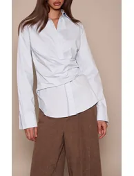 Light Blue Cotton Trim Drape Detail Oversized Shirt - 3