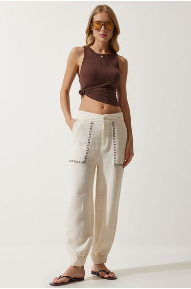 Women's Cream Embroidery Detail Muslin Trousers