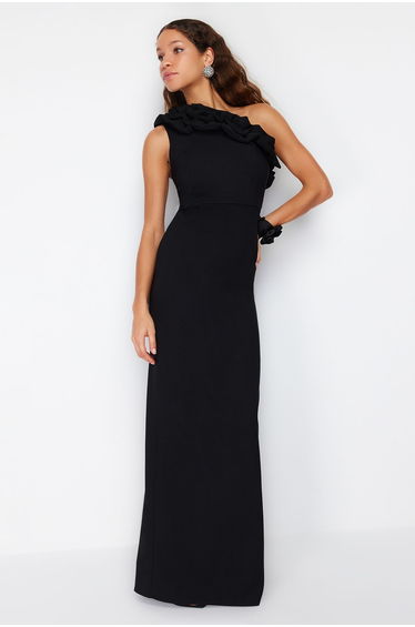 Black Woven Flounced Long Evening Dress Dress