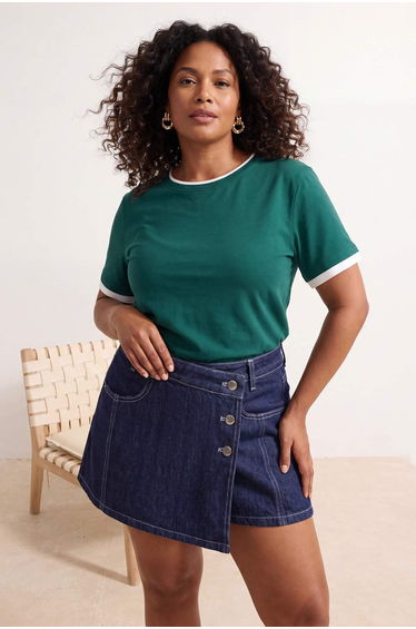 Green Collar Sleeve and Hem Detail Basic Knitted Plus Size Blouse