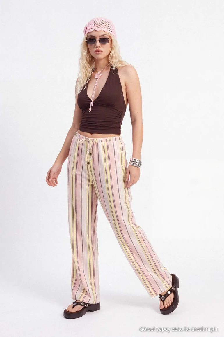 Lila-Multicolor Elastic Waist Colorful Striped Wide Leg Pants