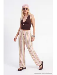 Lila-Multicolor Elastic Waist Colorful Striped Wide Leg Pants
