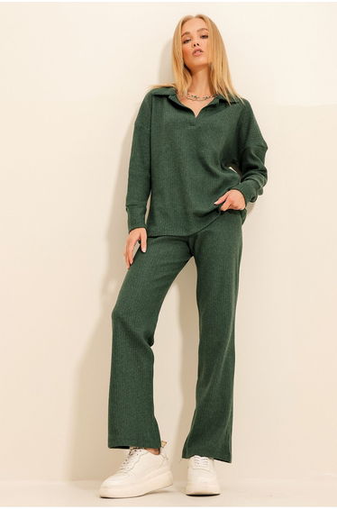 Women's Walnut Green Polo Neck Top And Palazzon Trousers Knitwear Bottom Top Set