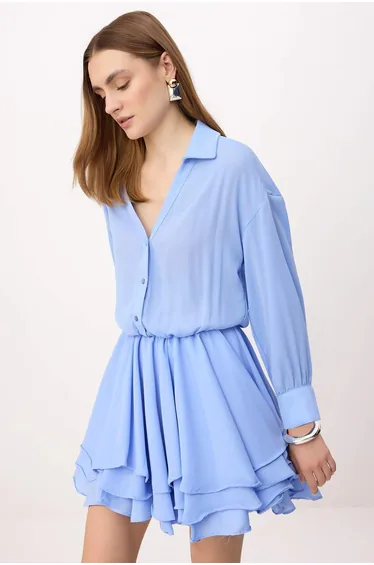 Light Blue Super Mini Skirt with Flywheel Detail Woven Chiffon Dress